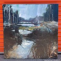Front view of square painting mounted on board showing abstract wetlands scene