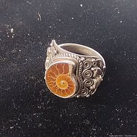 Front angled view of the 925 sterling silver amolite ring showing the fossil ammonite centerpiece and intricate silverwork.