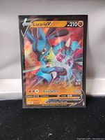 Front facing Pokemon Lucario V full art card photo showing condition and details of the card
