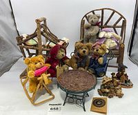 Full lot overview with all bears, bunny, wooden furniture, table, and figurines arranged together