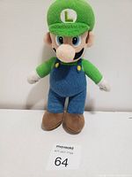 Full front view of Luigi plush stuffed toy standing upright against a white wall.