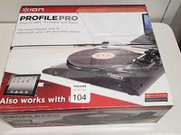 Box of Ion Profile Pro Vinyl-to-MP3 turntable showing product image and branding.