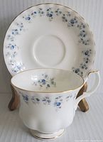 Porcelain cup and saucer, side view showing floral pattern and gold trim