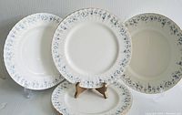 Five Royal Albert Memory Lane dinner plates arranged with one plate front and center showing floral pattern and gold rim.