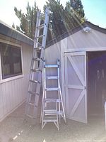 Photo showing the full 22ft telescoping multi ladder extended next to the smaller two-step metal step stool and an extension ladder leaning against a shed.