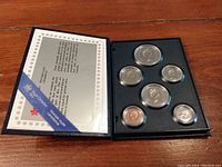 Hinged black display case opened to show six Canadian coins and certificate of authenticity from 1987 set