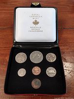 Photo of the 1972 Canadian coin set displayed in black velvet case showing all coins in uncirculated condition under Royal Canadian Mint logo.