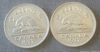 Two Canadian nickels dated 1937 showing the reverse side with the beaver design and denomination details.