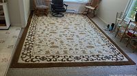 Full view of the hand-knotted area rug showing floral vine pattern and brown border.