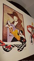 Print with two stylized women in vintage attire, checkerboard floor pattern, and flowing shoe motif, signed and numbered by Andy Donato.