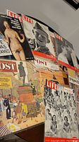 Overview of multiple vintage magazine covers from Life and Post showing various subjects including historic scenes and portraits.