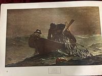 Full view of the art print showing fishermen on a boat hauling a net of herring in rough seas.