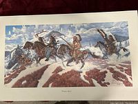 Art print depicting Native American warriors on horseback in a snowy landscape with signature and numbering number 277/875.