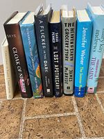 Front view showing the spines of 8 different hardback books to identify titles and condition