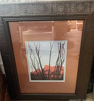 Framed photograph showing ocotillo branches silhouetted before a red rock formation and moon, in a brown mat with embossed frame featuring sun and star motifs.