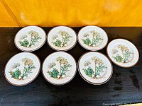 Seven Villeroy & Boch appetizer plates arranged in two rows showing the botanical design and brown rim.