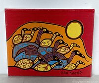 Front view of the colorful stylized loon flock artwork on canvas, signed.