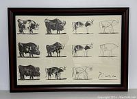 Full front view of framed lithograph showing twelve bull sketches and black wooden frame