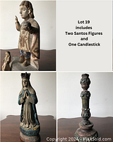 Composite photo showing the Santo Niño figure with smaller child figure, Madonna figure, and carved painted candlestick all positioned on table