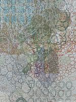 Close-up showing fine details of abstract layered etching in multiple colors and patterns