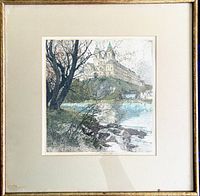 Framed colour etching showing a scenic view of Melk Monastery near river and trees, mounted inside a gold-tone frame with a beige mat.