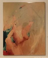 Front view of abstract mixed media painting on wood panel showing color washes
