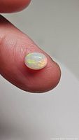 Close-up image of the 1.19ct oval cabochon Ethiopian opal held on fingertip showing its translucent body and vibrant play of flashing colors including green and orange.