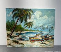 Full view of the oil painting showing tropical beach scene with boats and palm trees