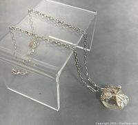 Full view of the silver-tone chain necklace displayed on a clear stand showing the apple-shaped pendant and chain style.
