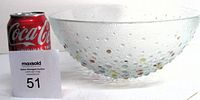 Clear textured glass bowl with multicoloured confetti dots inside, shown beside a Coca-Cola can for size reference.