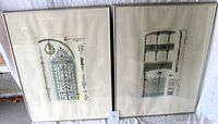 Pair of framed lithograph architectural prints side by side showing both pieces together with visible frames and mats.