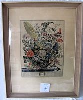 Frontal view of floral lithograph print in textured wood frame with glass, showing the bouquet artwork, matting, and frame.