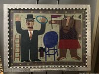 Front view of entire framed artwork showing ringmaster, bear, chair, ladder and bird motifs
