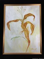 Full view of the framed oil painting depicting a stylized tiger lily flower with predominantly orange and yellow tones on a light background.