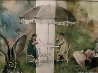 Close-up of central part of watercolor showing two figures seated at a white table under a large fringed umbrella, with a rabbit in the foreground and a man reclining on a bench in the background.