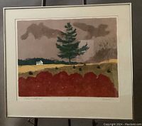 Full view of framed lithograph depicting a rural scene with house and tree in autumn colors.