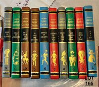 Books arranged standing upright showing spines with gold foil titles and illustrations in various colors.
