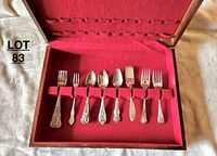 Photo of nine silver plated cutlery pieces laid in a red felt-lined box, showing forks and spoons in various intricate handle designs.