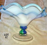 Murano swirl art glass bowl showing wavy glass rim, blue and white swirl pattern, and twisted pedestal base with green and blue swirls.