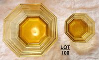 Top view of large and small octagonal amber glass bowls showing textured surface and pattern near rim.