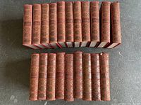 View of all 20 books arranged in two rows showing the spines with intricate gold embossing and title markings.
