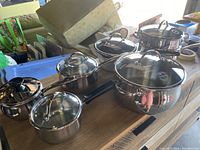 Group photo of the six Langostina pots and steamer pieces on a wooden surface, showing polished stainless steel finish and lids.
