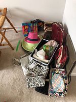 Overview of the entire lot containing multiple handbags and two hats arranged on the floor.