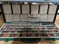 Open metal case showing rows of color-coded cylindrical pins organized in compartments under the LAB Color Passport pin chart inside the lid.