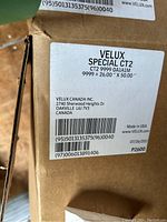 Box label showing Velux Canada Inc. address, model CT2 9999 0A1A1M, 26.00 × 50.00