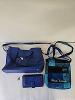 Photo showing the three items: large royal blue handbag, fabric shoulder bag with 'Puerto Vallarta' embroidery, and matching wallet.