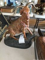 Front-angle view of bronze mountain goat sculpture showing detailed fur texture, curved horns, and stone-like base.