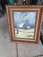 Frontal view of framed oil painting showing the full scene and frame details