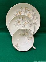 Three-piece tea set stacked: large plate, saucer, tea cup, showing floral design and gold trim.