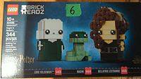 Front view of the sealed Lego Brickheadz box showing Voldemort, Nagini and Bellatrix figures with piece count and age recommendation.